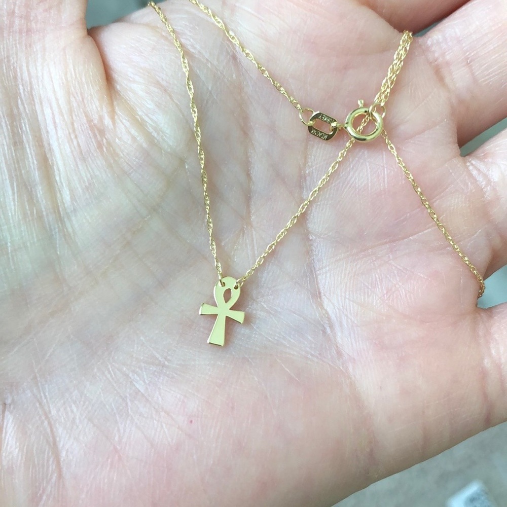 14K Solid Gold Mini Cross Ankh Necklace - Picture 3 of 6